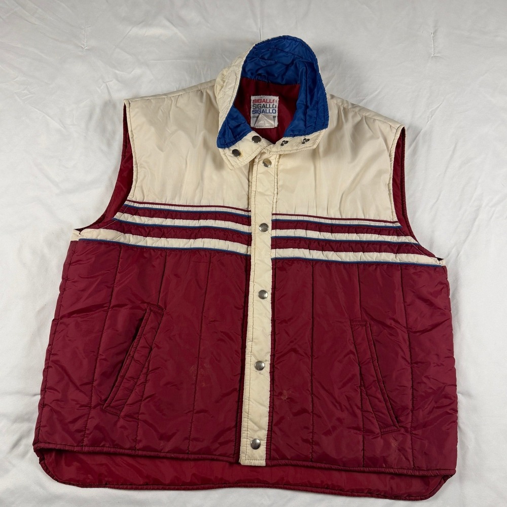 Vintage Sigallo Puffer Vest Mens XL Burgundy Cream Colorblock Quilted Snap Front